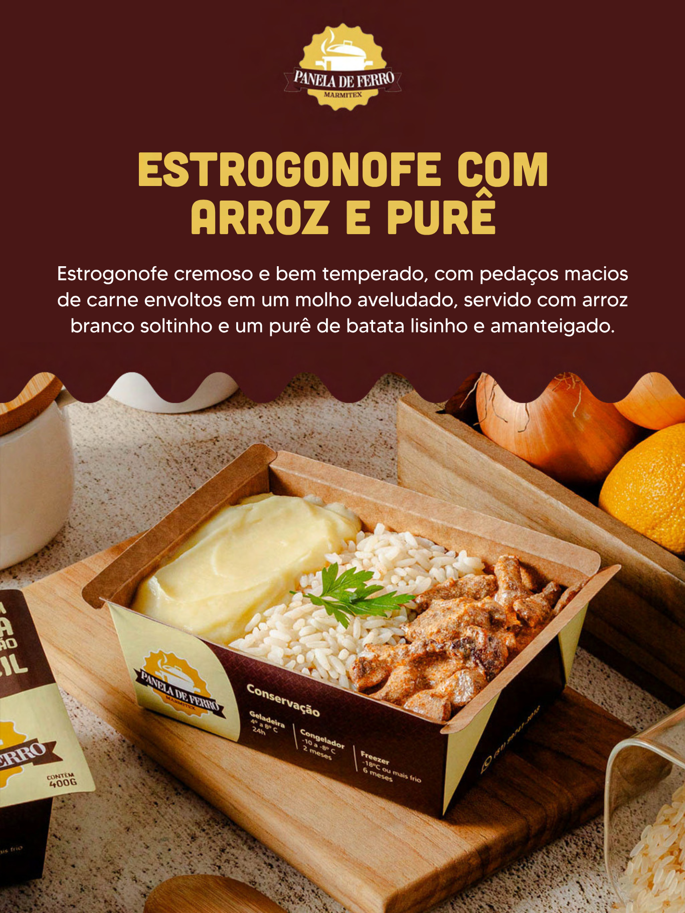 Estrogonofe com Arroz e Purê
